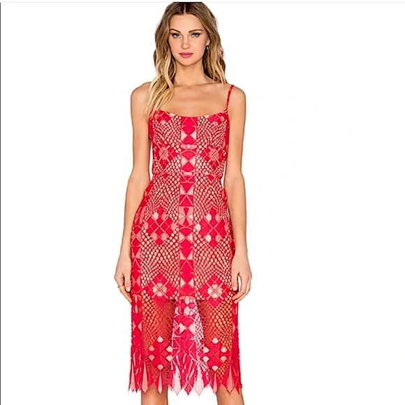 Bcbg Max Azria Womens Alese Lace Fringed Hem Party Dress Red 0